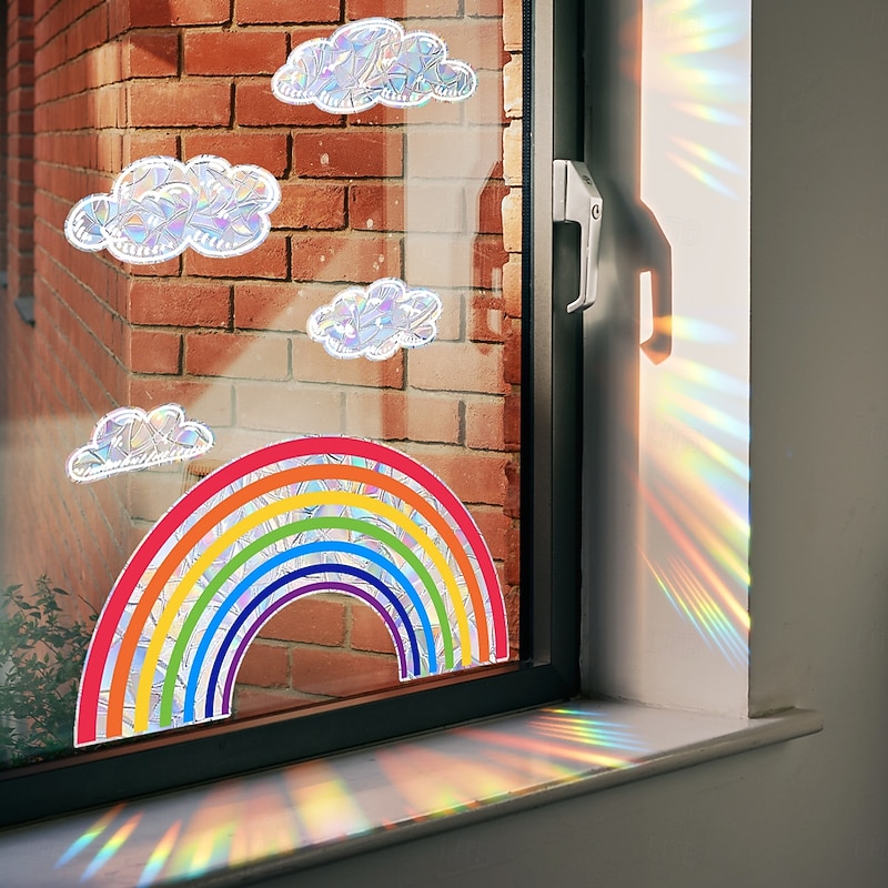 Rainbow Cloud and Sun Iridescent Sunlight Static Cling Window Sticker, Self-Adhesive Glass Decal for Home and Storefront Decoration, Stained Glass Window Cling