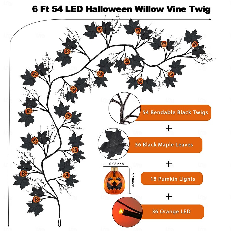 1.8M/6Ft 54 LED Beads Halloween String Lights Black Willow Lantern Pumpkin Bat Maple Leaf Wall Desktop Halloween Party Atmosphere Decorative Light AAA Waterproof Battery Box3