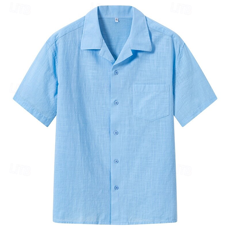 Men's Shirt Linen Shirt Summer Shirt Beach Wear Cuban Collar Shirt Solid Color Vacation Street White Navy Blue Blue Green Short Sleeve Collar Summer Spring Clothing Apparel Front Pocket