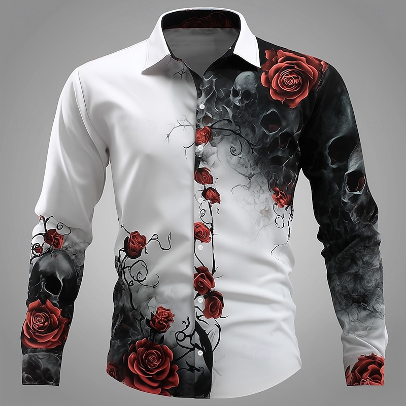 Men's Floral Print Halloween Costumes Day of the Dead Shirt Button Up Shirt Long Sleeve Dark Gothic Style Holiday Streetwear Summer Spring Turndown 3D Print Collared Shirts Black White2