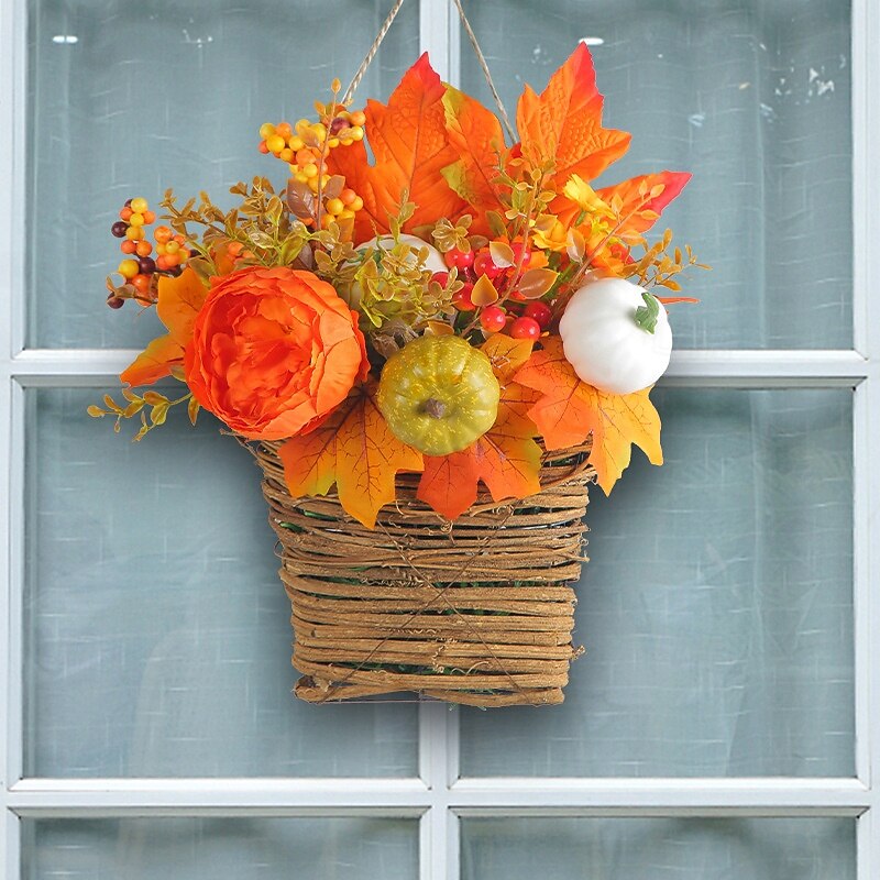Fall Floral Basket Wreath for Front Door Thanksgiving Autumn Harvest Indoor Outdoor Decoration, Pumpkin Basket with Golden Maple Leaves Artificial Fall Garden Hanging Decor4