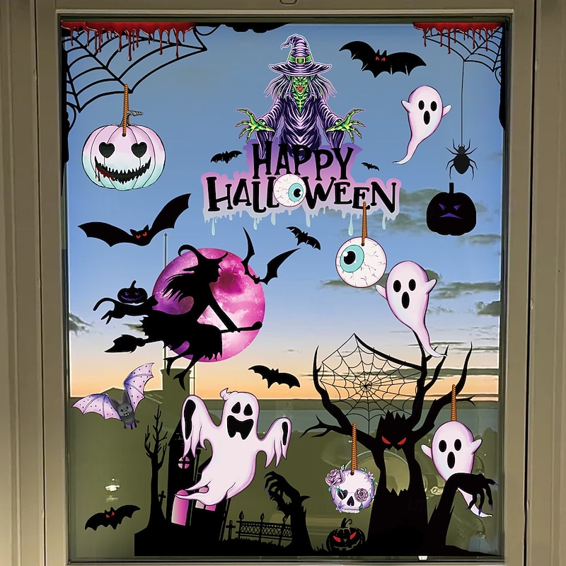 Halloween Window Clings Decoration Cartoon Hand-Drawn Ghost and Pumpkin Stickers, Removable Holiday Party Wall Decals for Living Room and Glass Surface Decor