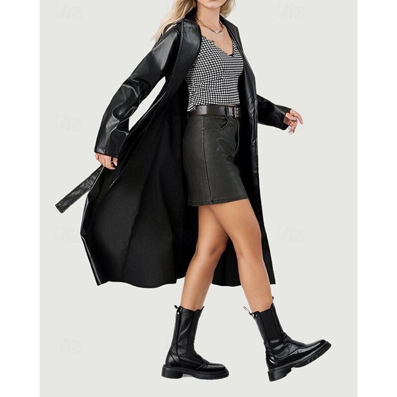 Women's Trench Coat Warm Comfortable Pocket Active Fashion Plain Going out Weekend Open Front Long Turndown Regular Fit Long Sleeve Outerwear Black Fall Winter4