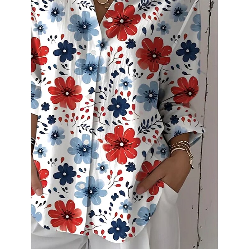 Women's Shirt Button Down Tunic Shirt Collar Long Sleeve Floral Graphic Vintage Tropical Daily Regular Tops Work Daily Holiday s Print Red Blue Green Spring Fall3