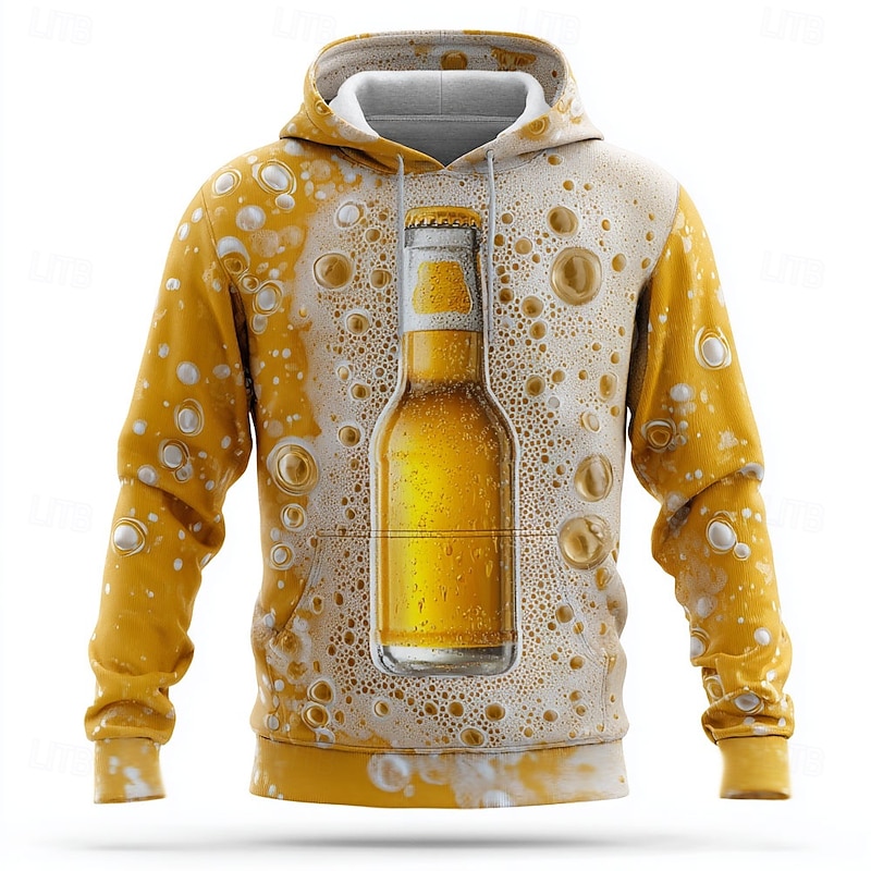 Oktoberfest Men's 3D Print Beer Hoodies Sweatshirt Cool Party Long Sleeve Crew Neck Club Streetwear Light Yellow White Drawstring Graphic Fall Winter Designer3