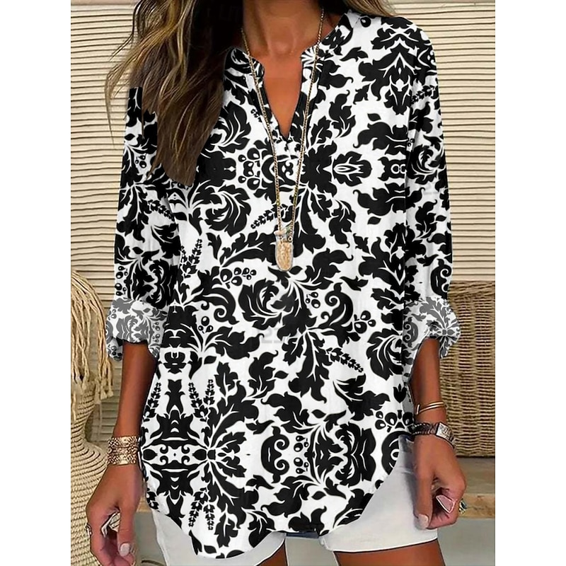 Women's Blouse Floral Stylish Modern Long Sleeve V Neck Regular Tops Daily Holiday Print White Yellow Blue Orange Apricot Summer