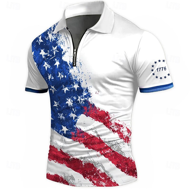 Men's Geometic Line Zip Polo Shirts Short Sleeve Polo Shirts Collared Shirts Business Casual Business Athleisure Wear to work Daily Wear 3D Print Summer White Blue2
