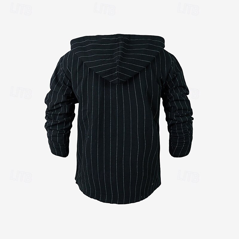 Men's Shirt Linen Shirt Casual Shirt Button Up Shirt Cotton Shirt Stripe Vacation Hawaiian Black White Navy Blue Khaki Long Sleeve Hooded Spring Fall Clothing Apparel Drawstring3