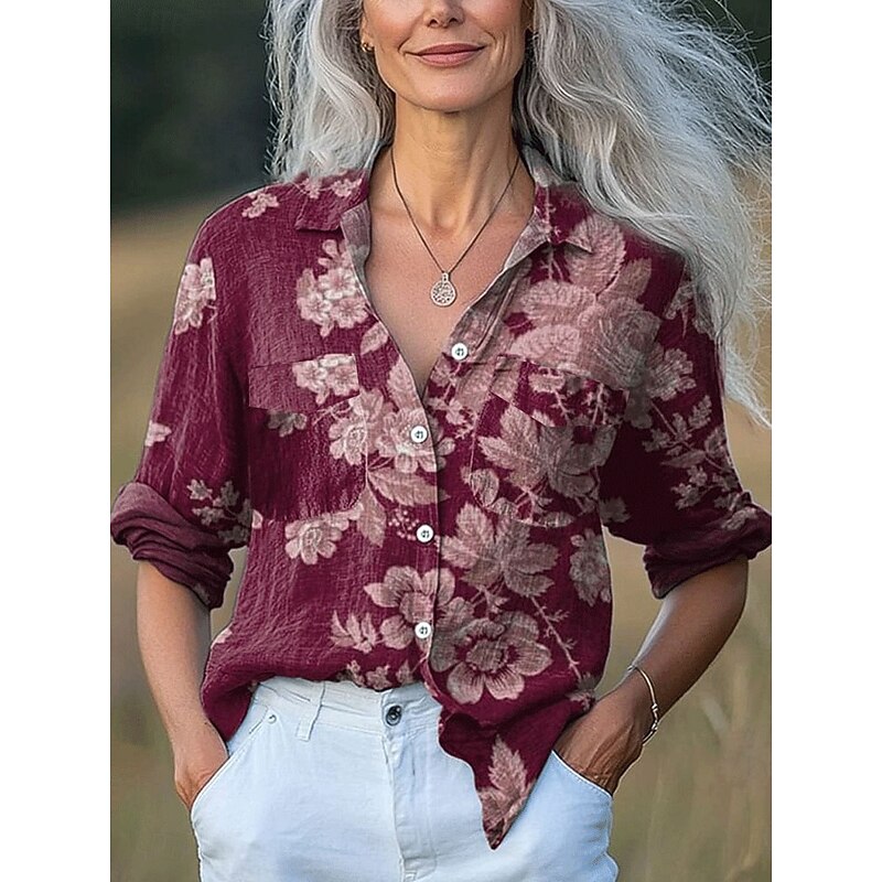 Women's Shirt Long Sleeve Button Down Blouse Floral Graphic Leaf Vintage Tropical Daily Shirt Collar Regular Tops Work Daily Buttons Print White Pink Purple Orange Spring Fall3