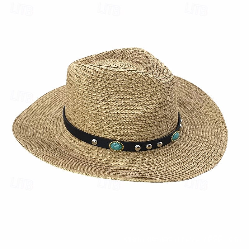 Straw Hat With Curled Brim And Leather Belt, Paper-Woven Straw Hat, Cowboy Hat, Sun Hat, Sun Protection Gentleman Hat3