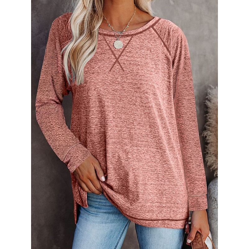 Women's T Shirt Color Block Fashion Stylish Modern Long Sleeve Crew Neck Regular Tops Daily Weekend Pink Wine Green Dark Gray Fall Winter2