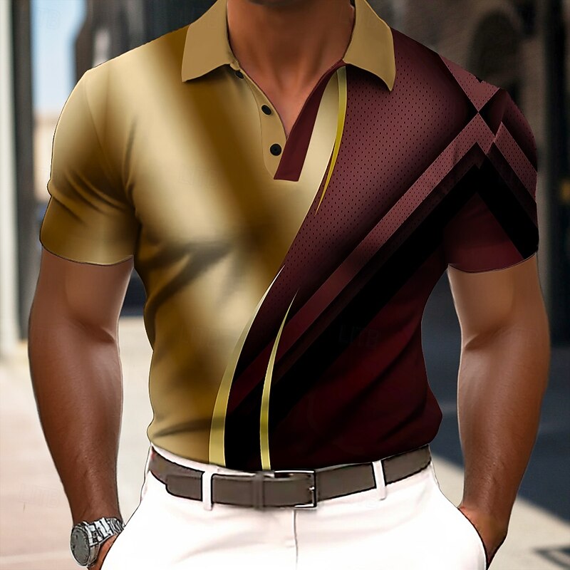 Men's Abstract Geometic Polo Short Sleeve Polo Shirts Lapel Business Casual Athleisure 3D Print Buttons Summer Blue Purple Gold