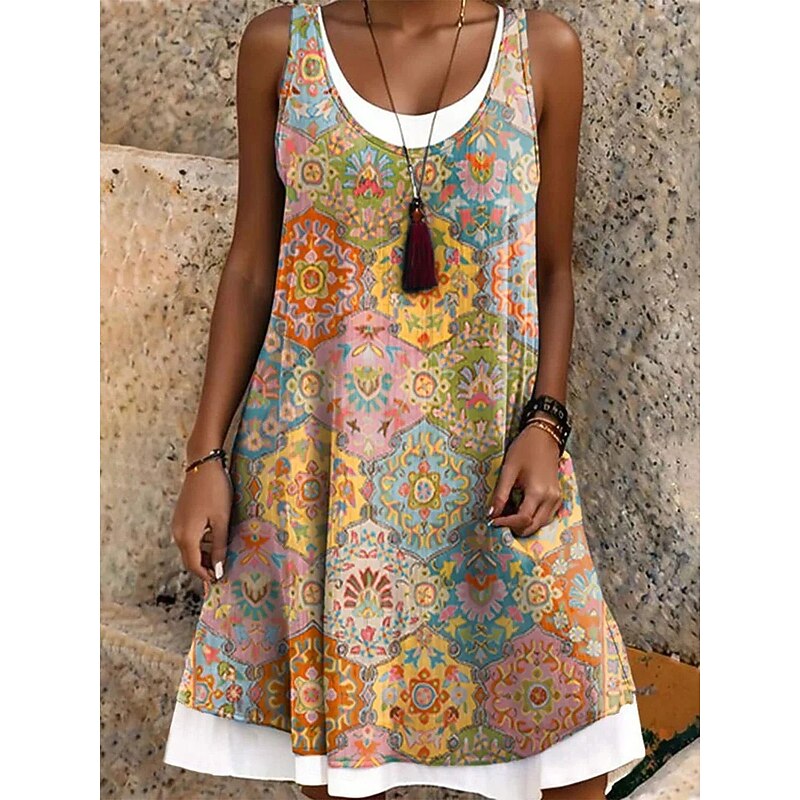 Women's Mini Dress T Shirt Dress Tee Dress Sundress A Line Dress Vacation Casual Boho Daily Loose Fit Floral Graphic Paisley Sleeveless U Neck Yellow Red Summer Spring2