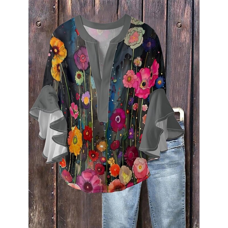 Women's Blouse Floral Stylish Modern 3/4 Length Sleeve V Neck Regular Tops Daily Holiday Ruffle Print Black Blue Green Apricot Summer2