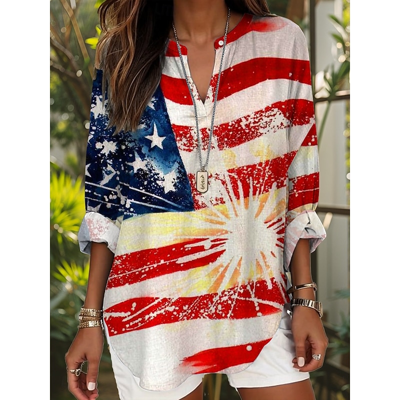 Women's Blouse Tunic V Neck Long Sleeve Boho Casual Patriotic Graphic Flag Stylish Modern Regular Tops Daily Print Black Wine Red Blue Dusty Blue3
