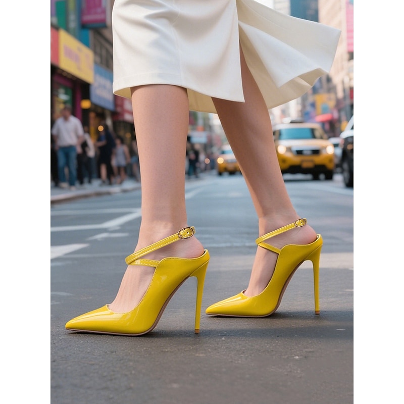 Women's Yellow Patent Leather Stiletto Heels - Bold Pointed Toe High Heels with Ankle Strap for Urban Parties and Nightlife
