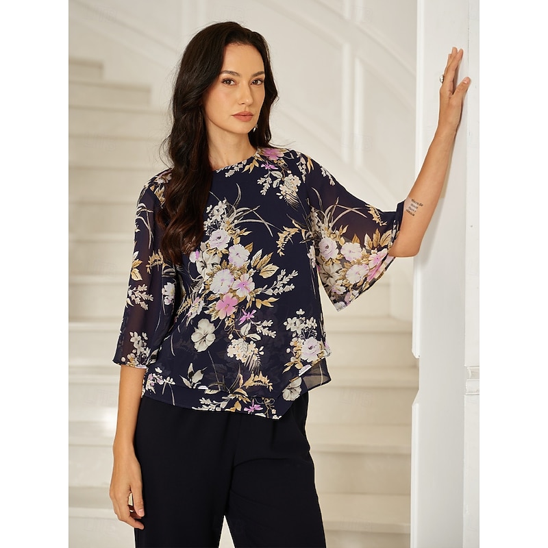 Women's Chiffon Tops Floral Graphic Elegant Daily Stylish Half Sleeve Bell Sleeve Crew Neck Regular Tops Wedding Guest Work Daily Layered Navy Blue Summer Spring Fall