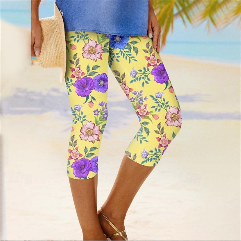 Women's Leggings Anti Chafing Shorts Cozy Leggings Fashion Streetwear Calf-Length Natural Flower Elastic Waist Comfortable Breathable Stretchy Daily Wear Festival White Yellow Pink Blue Summer Slim