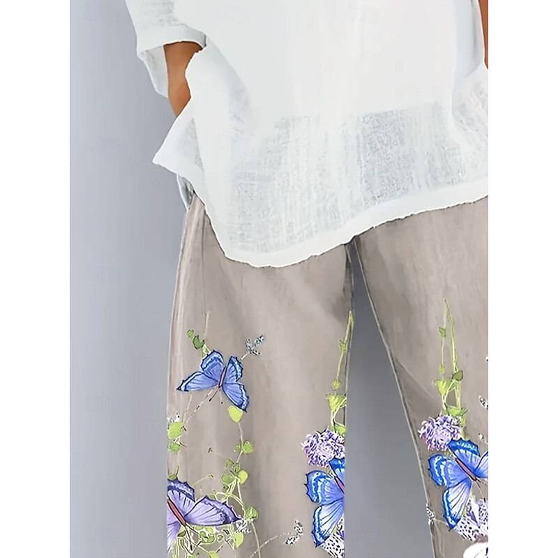 Women's Chinos Baggy Pants Vacation Vintage Ethnic Style Full Length High Waist Floral Graphic Butterfly Drawstring Patchwork Printing Breathable Micro-elastic Vacation Street Causal Gray Green Light2