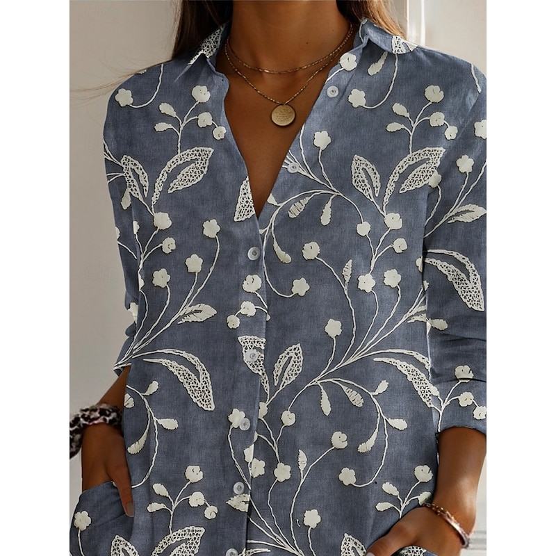 Women's Shirt Floral Active Daily Stylish Long Sleeve Shirt Collar Regular Tops Daily Holiday Buttons Print Gray Spring Fall2