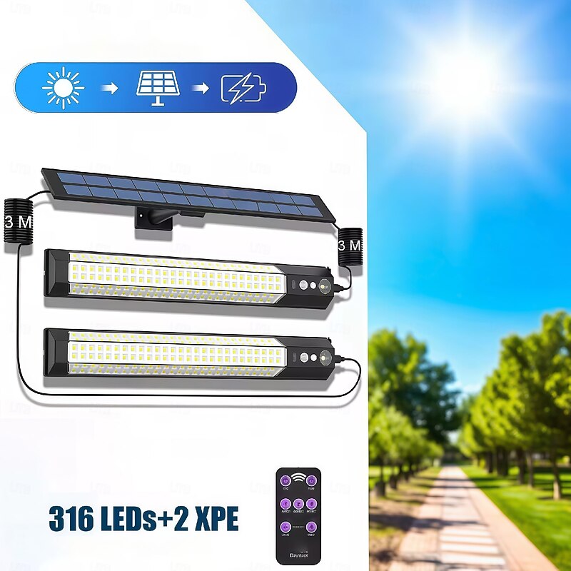 316LED Outdoor Solar Street Lights 3 Meter Cable Led Split Landscape Patio Garden Lights With Remote Control Camping Outdoor Solar Spotlight  Solar USB Charging 1PC
