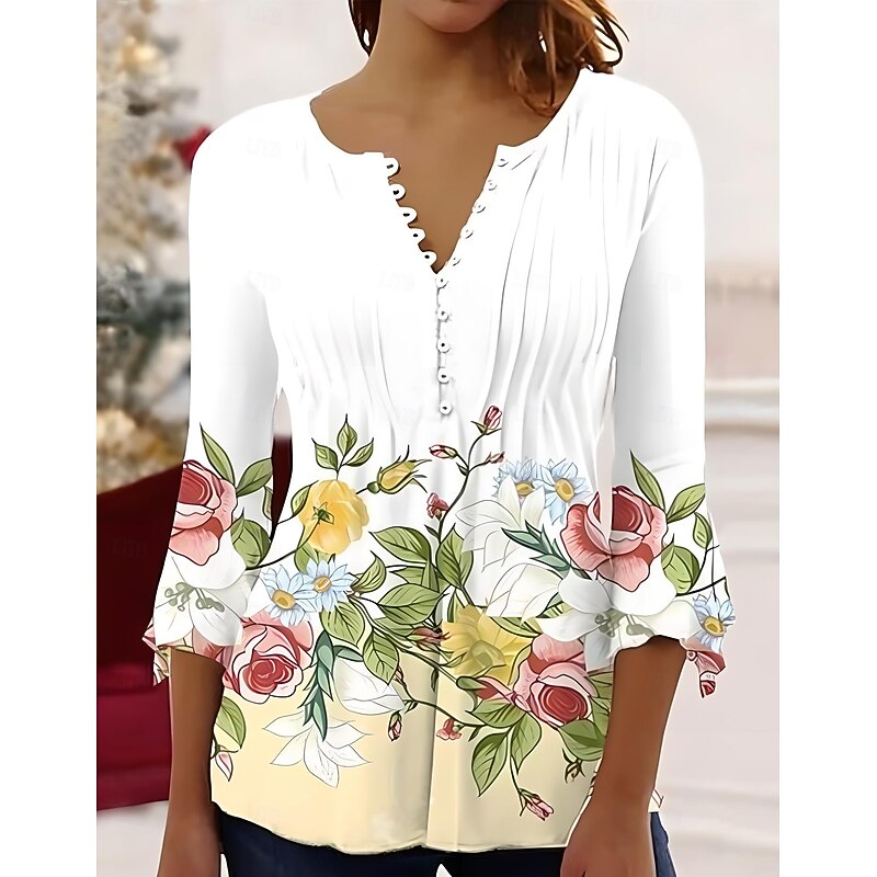 Women's Blouse V Neck Ombre Floral Graphic Elegant 3/4 Length Sleeve Regular Tops Daily Going out Buttons Black White Blue Purple Green Summer Spring Fall3