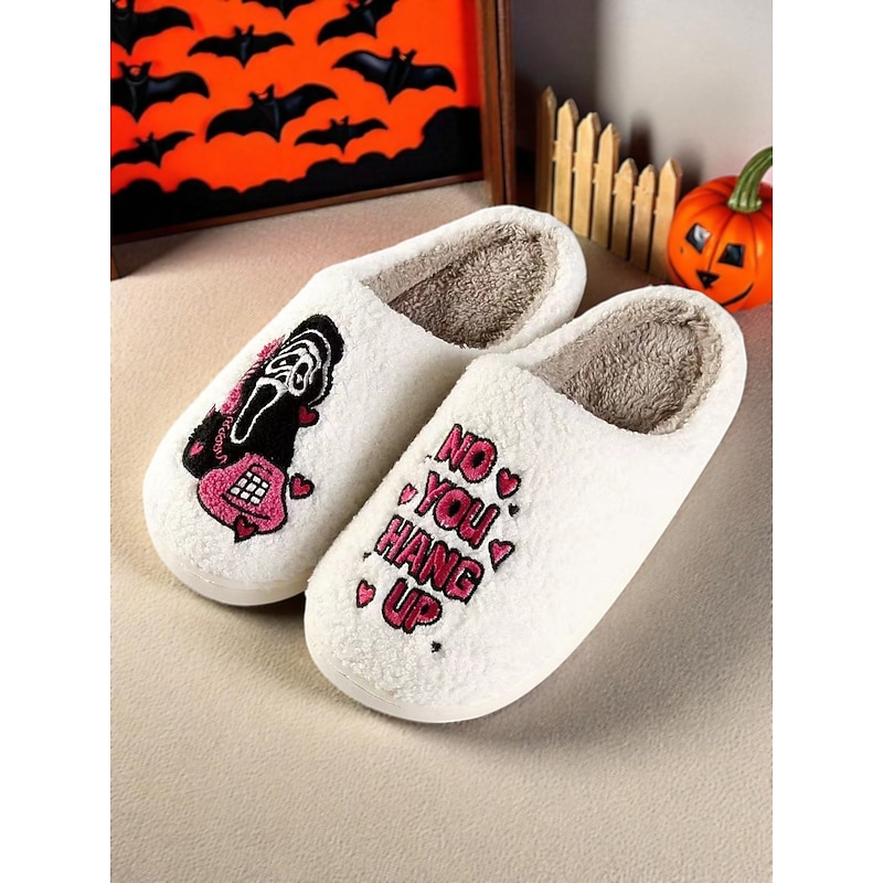 Women's Halloween Ghost Face Fuzzy Slippers - Cozy Embroidered Horror House Shoes with "No You Hang Up" Design for Spooky Season,Parties,and Loungewear2