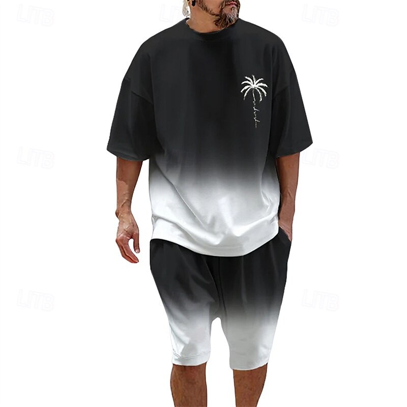 Men's T-shirt Suits 2 Pieces Outfits Tee & Shorts Short Sleeve Crew Neck Summer Coconut Tree Gradual Fashion Casual 2 Piece Vacation Daily Wear Going out Black Navy Blue Blue Top Tee for Men4