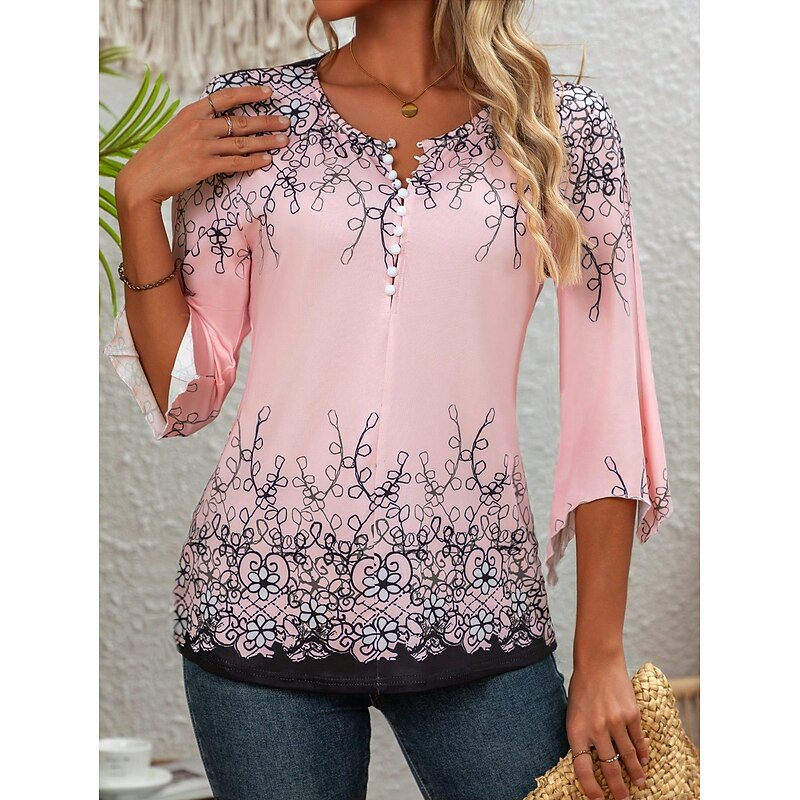 Women's Blouse V Neck Floral Graphic Elegant 3/4 Length Sleeve Crew Neck Regular Tops Daily Going out Ruffle Buttons Pink Spring Fall3