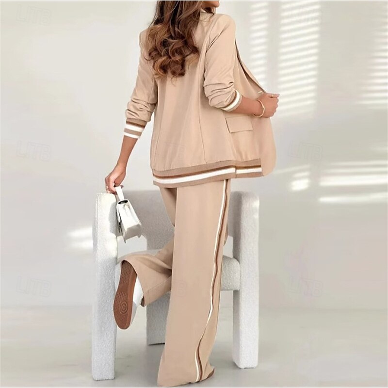 Women's Tracksuit Wide Leg Pants Pocket Stripes Jacket Clothing Suit Fall Dark Khaki Black Gym Workout Sports Windproof Long Sleeve Sport Activewear Micro-elastic Regular Fit3