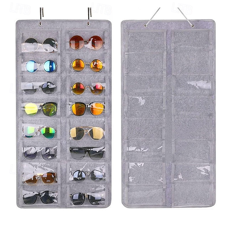 Felt Glasses Organizer Wall Hanging, Foldable Sunglasses Storage Holder for 16 Pairs, Eyeglass Display Rack Pouch for Closet or Door, Space-Saving Eyewear Storage Bag