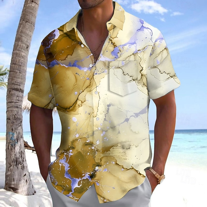 Men's Geometric Abstract Marble Shirt Summer Shirt Button Up Shirt Short Sleeve Fashion Casual Outdoor Vacation Dailywear Summer Spring Turndown 3D Print Collared Shirts Front One Pocket Yellow Red4