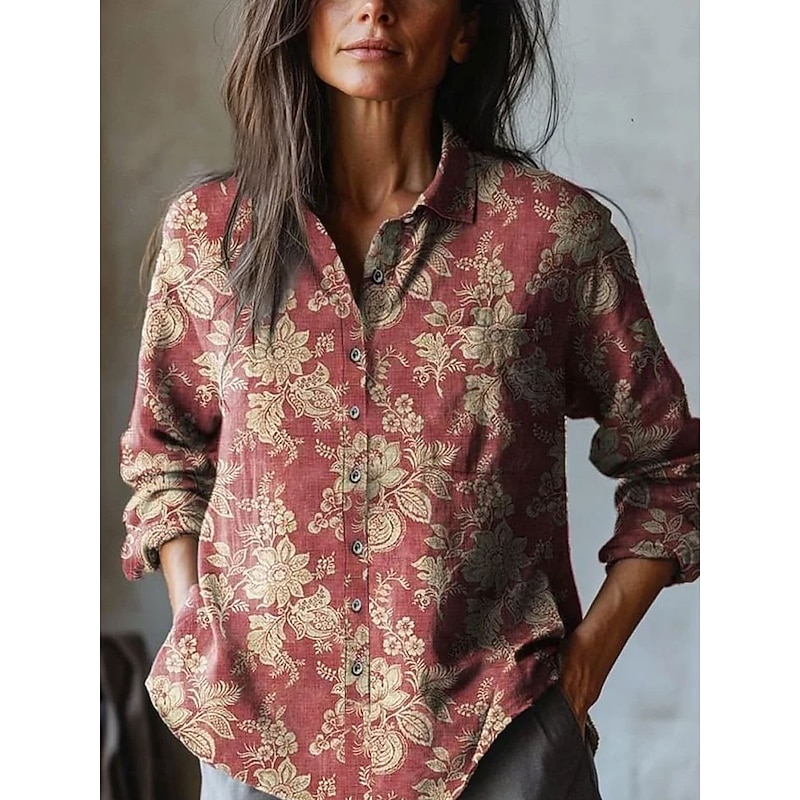 Women's Shirt Long Sleeve Button Down Blouse Floral Graphic Vintage Stylish Casual Shirt Collar Regular Tops Work Daily Holiday Buttons Pocket Print Black Red Orange Green Spring Fall2