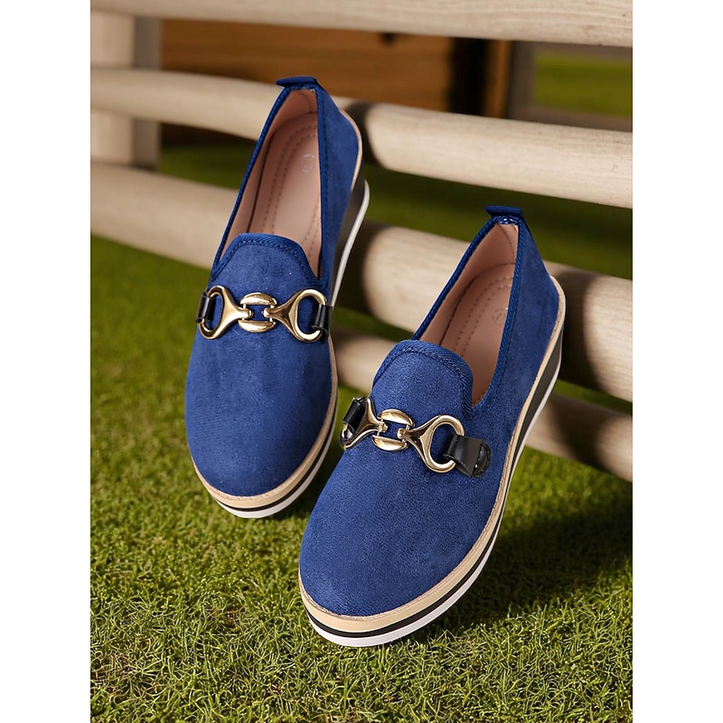 Women's Blue Platform Loafers with Metal Buckle – Stylish Slip-On Wedge Shoes for Casual Wear, Office and Travel4