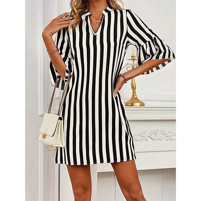 Women's Mini Dress A Line Dress Summer Dress Casual Daily Regular Fit Striped 3/4 Length Sleeve Notched Neck Black Summer