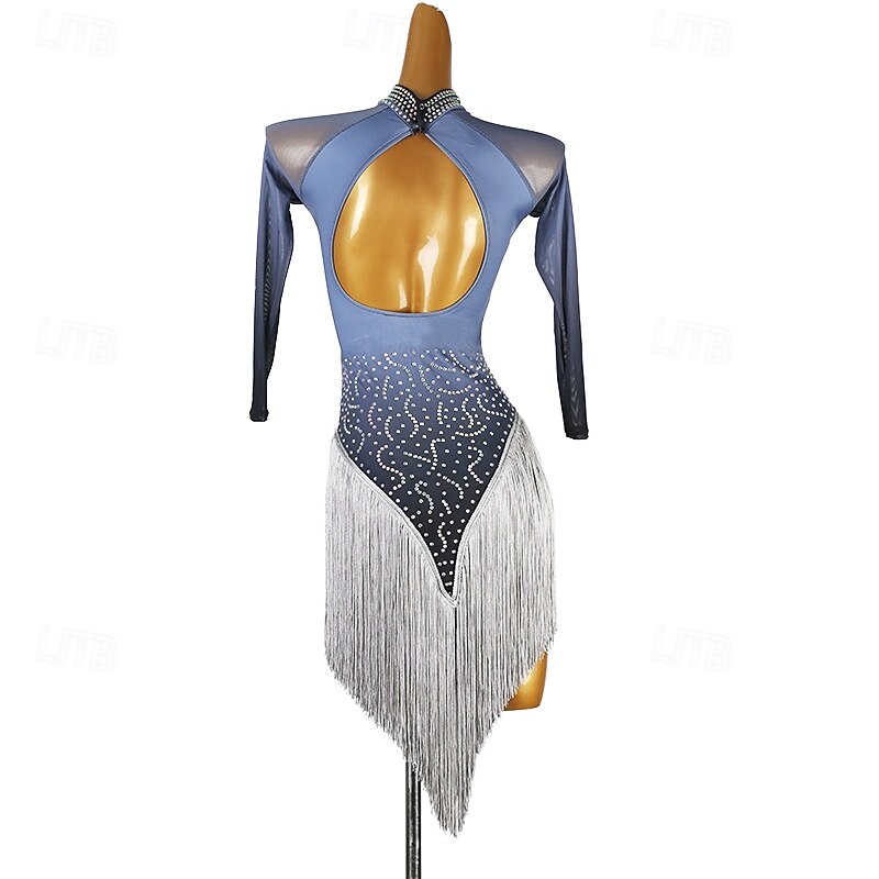 Latin Dance Dress Tassel Splicing Crystals / Rhinestones Women's Performance Training Long Sleeve Chinlon Mesh Spandex2