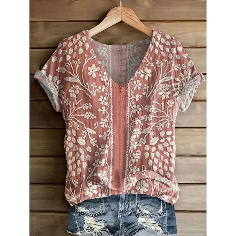 Women's T Shirt Floral Graphic Plants Vintage Fashion Hawaiian Short Sleeve V Neck Regular Tops Daily Going out Weekend Print White Yellow Pink Blue Sky Blue Summer Spring
