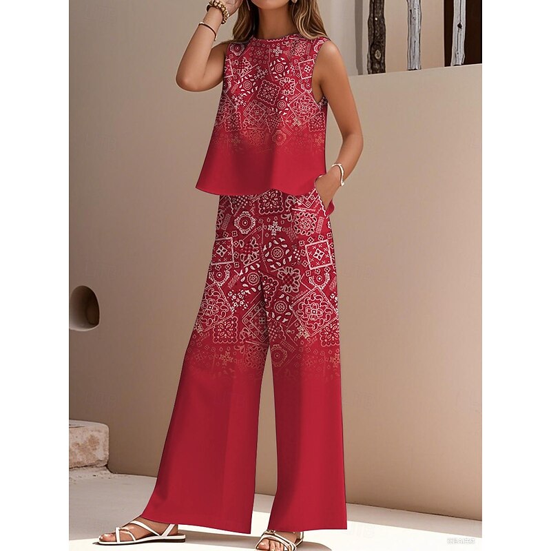 Women's Elegant Fashion Streetwear Two Piece Sets Blouse Vest Pants Trousers Sleeveless Crew Neck Outdoor Work Casual Floral Print Vacation Vintage Daily Holiday Red Summer Regular Fit