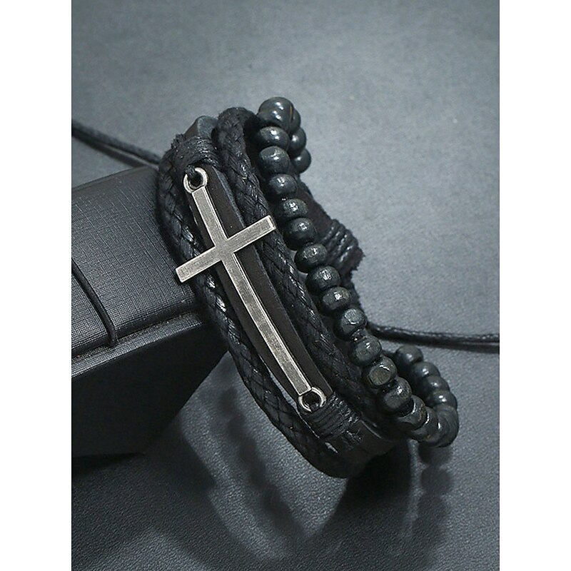 Men's Gothic Cross Leather Beaded Bracelet – Vintage Multilayer Wristband for Halloween Parties and Retro Punk Style3