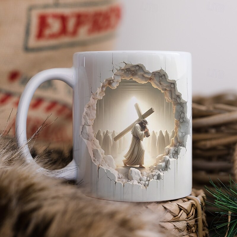 Jesus 3D Ceramic Coffee Mug 330ml/12oz, Christian Gift Cup Featuring Cross Carrying Disciple, Religious White Ceramic Mug for Prayer, Church, Easter, Faith Home Decor2