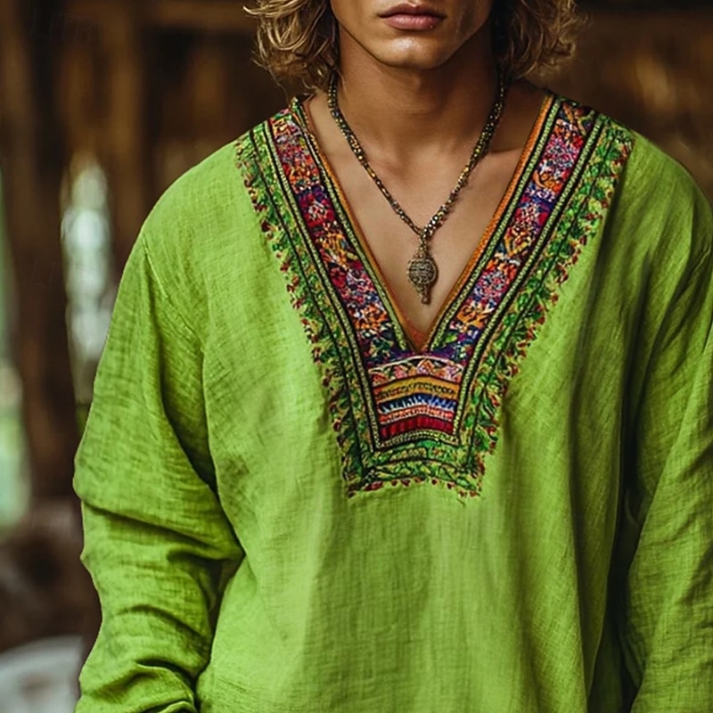 Men's Shirt Linen Shirt Viking Style Popover Shirt Summer Shirt Beach Wear Ethnic Vacation Casual Green Long Sleeve V Neck Summer Spring Clothing Apparel