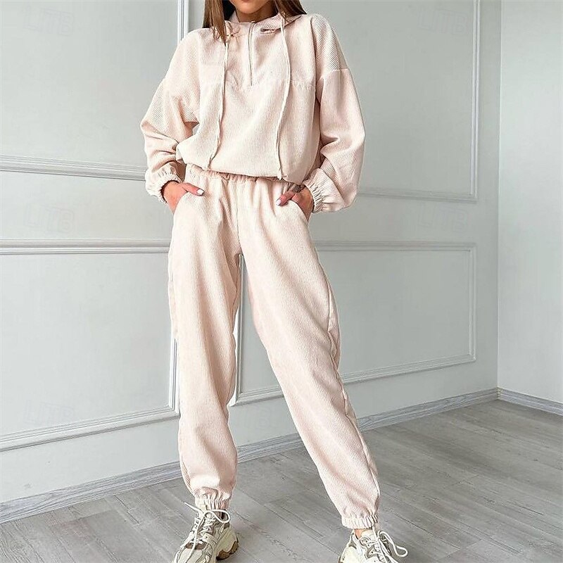 Women's Tracksuit Sweatpants Hooded Jacket Zipper Pocket Solid Colored Clothing Suit Fall Light Grey Apricot Corduroy Gym Workout Sports Windproof Long Sleeve Sport Activewear Micro-elastic Regular2