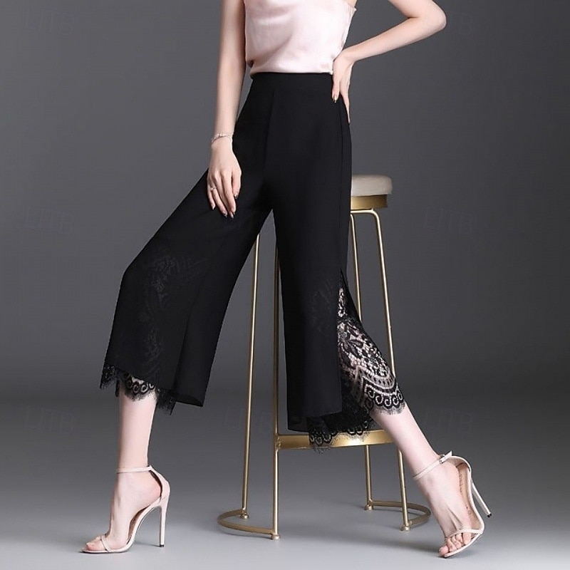 Women's Wide Leg Capri Pants Streetwear Casual Calf-Length High Waist Plain Lace Breathability Soft Micro-elastic Vacation Street Daily Wear Black Summer Regular Fit