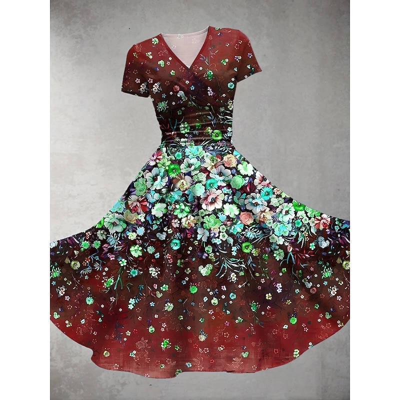 Women's Midi Dress Summer Dress Fit And Flare Dress Party Casual Daily Holiday Regular Fit Floral Graphic Short Sleeve V Neck Red Blue Green Dark Blue Summer3