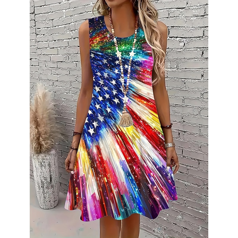 Women's Patriotic  Mini Dress A Line Dress Summer Dress Off The Shoulder Dress Vacation Casual Party Daily Regular Fit Graphic Flag Sleeveless U Neck Blue Summer