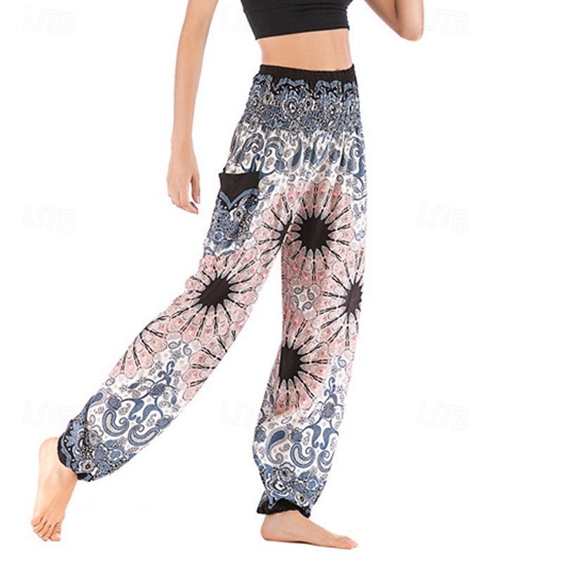 Women's Pants Trousers Bloomers Casual Boho Full Length High Waist Print Pocket Elastic Waist Breathability Soft Micro-elastic Vacation Street Daily Wear Wine White Blue Gold Summer Spring Regular Fit3