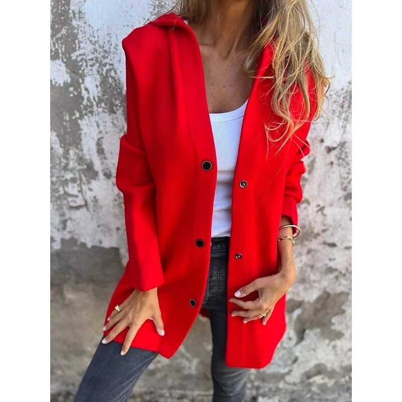 Women's Casual Jacket Breathable Comfortable Buttons Pocket Casual Plain Vacation Street Casual Daily Wear Single Breasted Long Hooded Regular Fit Long Sleeve Outerwear Red Orange Drak Red Summer2