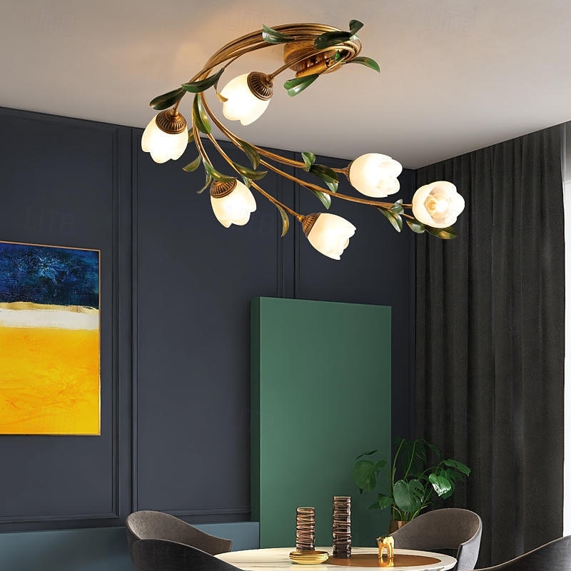 6-Light Floral Ceiling Light, Vintage Tulip Flower Semi-Flush Mount Ceiling Lamp, Gold Metal Branch with Frosted Glass Shades for Living Room, Bedroom4