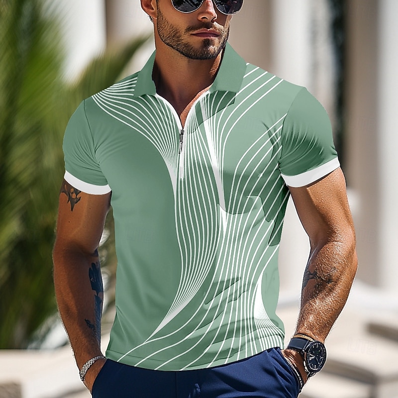 Men's Geometic Line Zip Polo Shirts Short Sleeve Polo Shirts Collared Shirts Business Casual Outdoor Athleisure 3D Print Summer Black Blue Green2