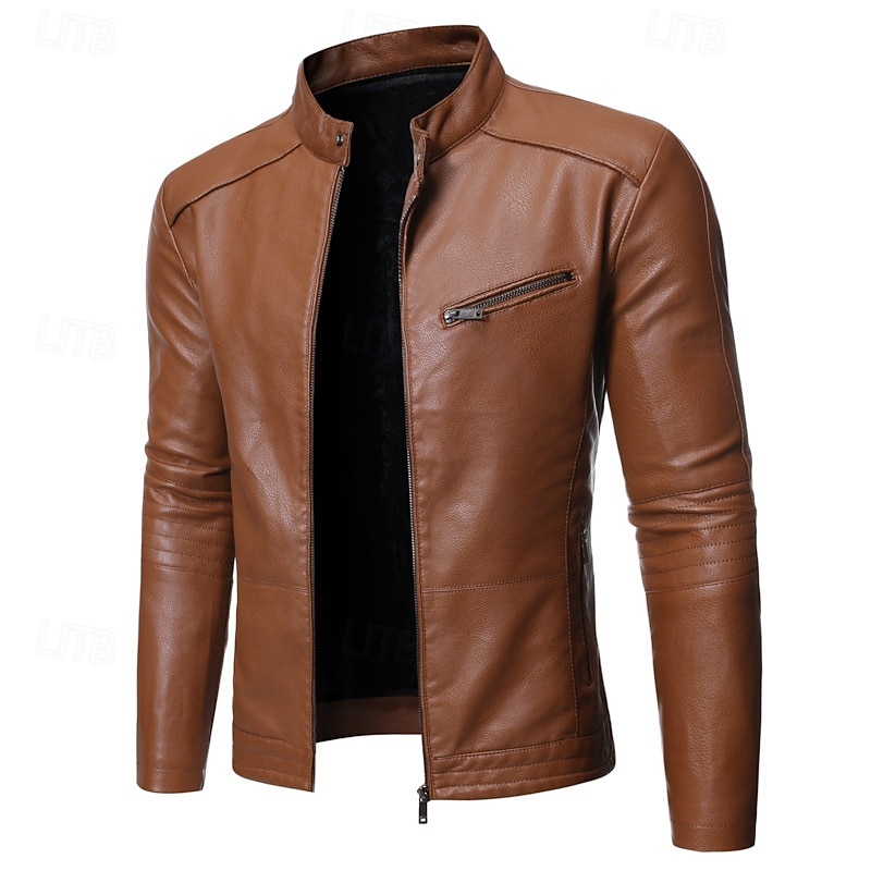 Men's Faux Leather Jacket Biker Jacket Motorcycle Jacket Vacation Daily Windproof Warm Pocket Fall Winter Plain Fashion Classic Stand Collar Regular Black Yellow Jacket4
